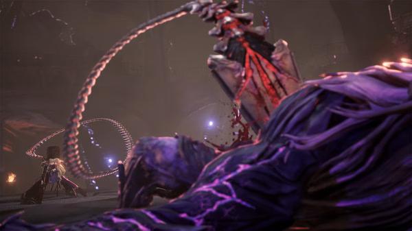 CODE VEIN screenshot: A player character faces a large, twisted enemy in a dark, ominous environment with glowing effects.