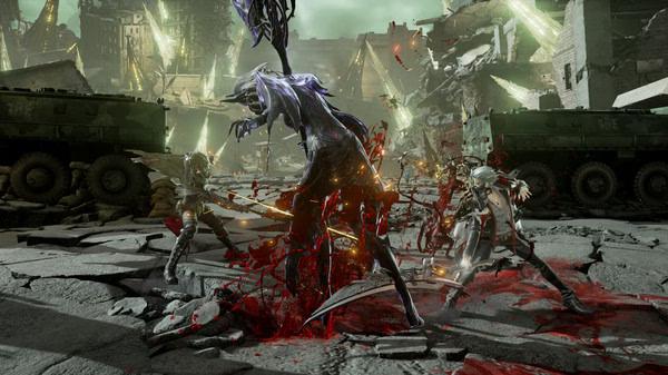 CODE VEIN screenshot: Players battle a large, dark creature wielding a scythe amidst a war-torn cityscape with military vehicles.