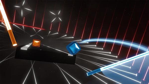 Beat Saber screenshot showing a player slicing through glowing cubes with sabers amidst vibrant neon lights and patterns.