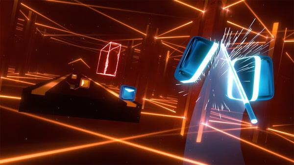 Beat Saber screenshot showing glowing neon blocks being sliced by a blue saber in a futuristic, grid-like environment.