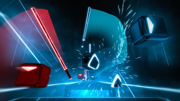 Beat Saber screenshot: A player slices through blue and red blocks with glowing sabers in a dynamic, futuristic environment.