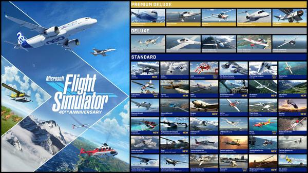 Screenshot of Microsoft Flight Simulator 2020 showing various aircraft options and categories like Premium Deluxe and Standard.