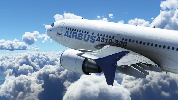 Screenshot of Microsoft Flight Simulator 2020 showing an Airbus A310-300 soaring above fluffy white clouds.