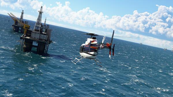 Screenshot from Microsoft Flight Simulator 2020 showing a helicopter flying near offshore oil rigs over the ocean.