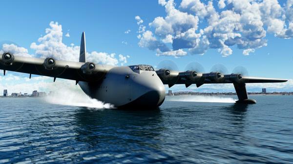 Screenshot from Microsoft Flight Simulator 2020 showing a large seaplane landing on water under a bright sky with scattered clouds.
