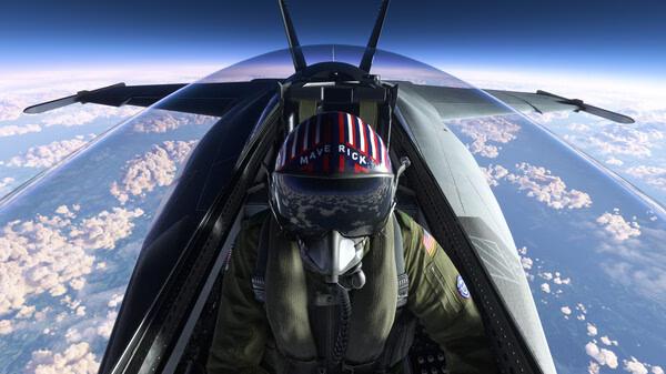 A Microsoft Flight Simulator 2020 screenshot showing a pilot in a fighter jet cockpit flying above clouds and a blue horizon.