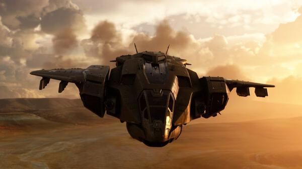 A screenshot from Microsoft Flight Simulator 2020 showing a futuristic aircraft flying over a desert landscape during sunset.