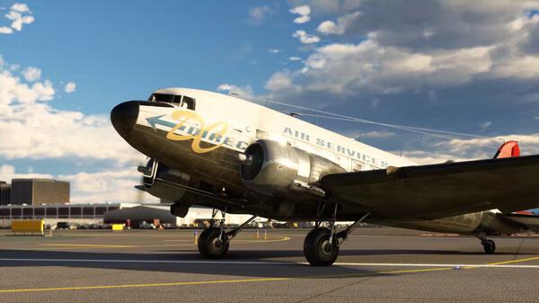 Screenshot from Microsoft Flight Simulator 2020 showing a detailed airplane parked on a sunny airport runway with scattered clouds.