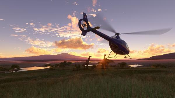 A screenshot from Microsoft Flight Simulator 2020 showing a helicopter flying over a savannah with giraffes and a sunset in the background.