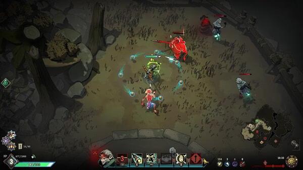 Ravenswatch screenshot: A hero battles monsters in a dark, wooded arena with glowing abilities and a visible mini-map.