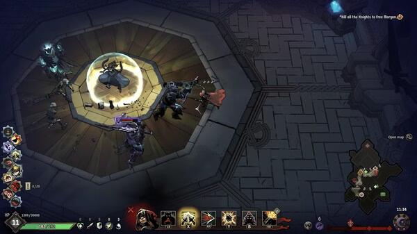 Ravenswatch screenshot: A character is surrounded by enemies on a circular platform. Game interface elements are visible.