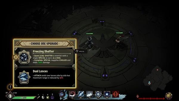 Ravenswatch screenshot: Two characters stand in a dimly lit circular arena, with upgrade options displayed on the left.