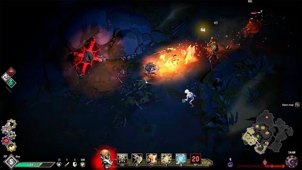 Ravenswatch screenshot: A fiery battle scene with character casting spells against skeletons and monsters, surrounded by rocks and a cavern entrance.