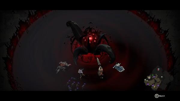Screenshot from Ravenswatch showing a group of heroes facing a large, tentacled creature with a glowing red eye.