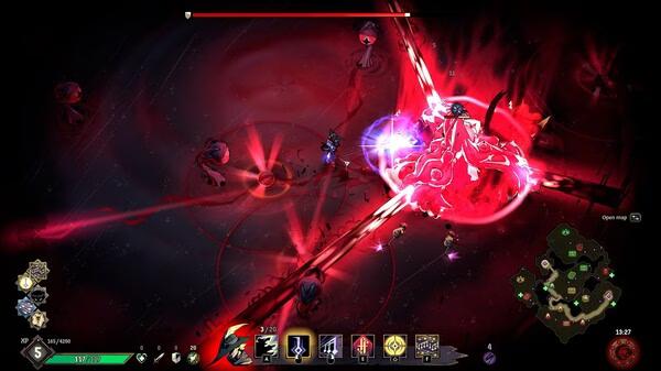 Ravenswatch screenshot: A hero battles a glowing red boss in a dark, ominous arena surrounded by enemy markers and a minimap.