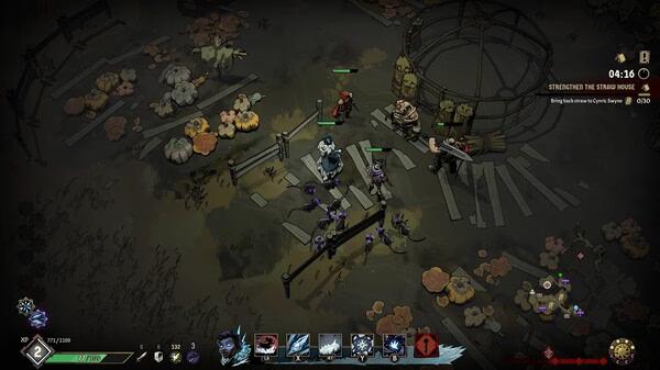 Ravenswatch screenshot: A group of characters battle enemies near a wooden fence in a dim, forest setting with a timer displayed.