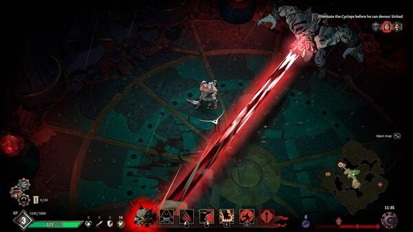 Ravenswatch screenshot: A hero fights a Cyclops with a powerful red beam attack amidst a dark, circular arena.