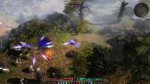 Grim Dawn screenshot: A character casts a spell surrounded by spectral energy in a misty forest landscape.