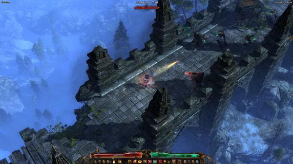 Grim Dawn screenshot of a character battling enemies on a stone bridge surrounded by misty blue mountainous scenery.