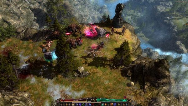 Grim Dawn screenshot: A player character battles multiple enemies using spells and weapons in a rocky, forested landscape.