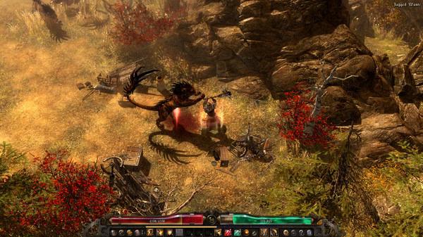 Grim Dawn screenshot: A player battles a large dragon-like creature in a rocky, autumnal landscape with red foliage.