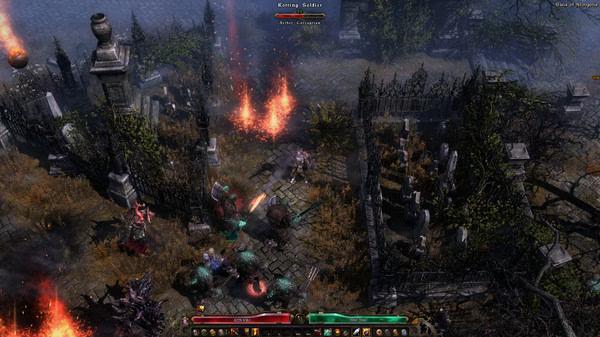 Grim Dawn screenshot: A warrior battles undead creatures in a fiery graveyard, surrounded by gothic architecture and burning debris.