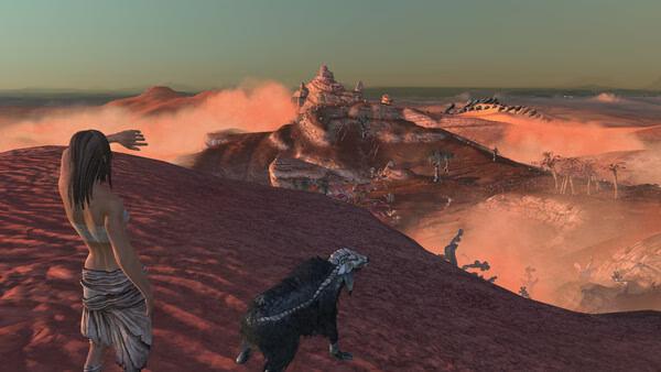 Screenshot from Kenshi: A character stands beside a creature, overlooking a vast desert landscape with distant rock formations.