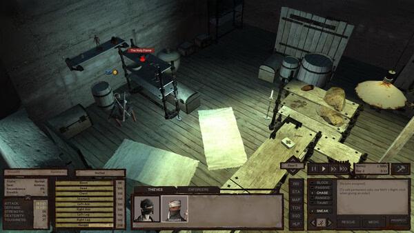 Kenshi screenshot: An empty room with wooden furniture, barrels, and a bedroll. The player menu shows character stats and options.