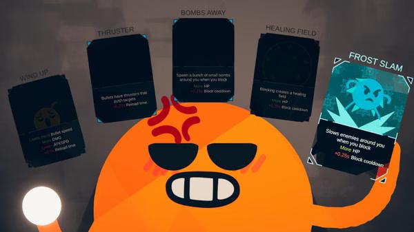 ROUNDS screenshot: A cartoon character holds multiple cards, including "Frost Slam," showcasing various abilities and stats.