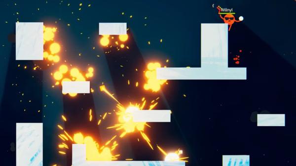 ROUNDS screenshot: An orange character navigates a platform filled with explosions against a dark blue background.