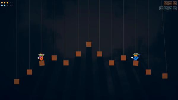 ROUNDS screenshot: Two animated characters, red and blue, navigate through a series of hanging platforms against a dark background.