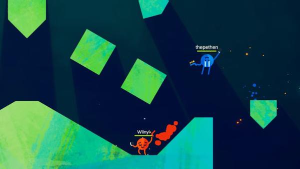 ROUNDS screenshot: Two colorful stick figures engage in combat on a geometric, green and blue platform.