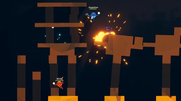 ROUNDS screenshot: Two characters, one blue and one red, battle near wooden structures with explosions in the background.
