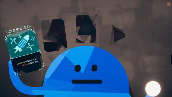 A screenshot from ROUNDS showing a blue character selecting the "Cold Bullets" card in a card selection screen.