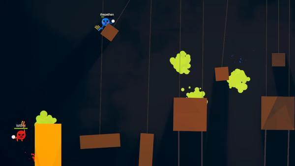 Screenshot from ROUNDS showing two characters navigating a platform with green obstacles and brown blocks.