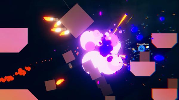 ROUNDS screenshot: Colorful explosion among geometric shapes with player name visible in chaotic game environment.