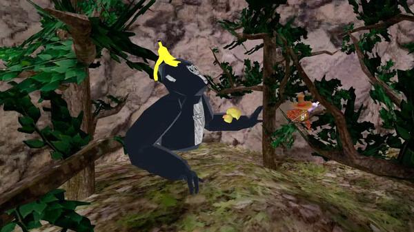 Screenshot from Gorilla Tag showing a gorilla avatar with a banana on its head, climbing in a tree against a rocky background.