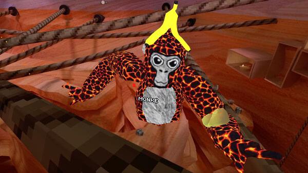 Gorilla Tag screenshot: A lava-textured gorilla wearing a banana hat climbs ropes in a canyon-themed environment.