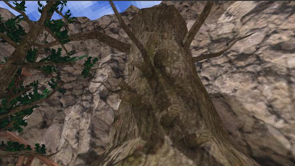 Screenshot of Gorilla Tag showing a large tree with branches in a rocky outdoor area beneath a bright blue sky.