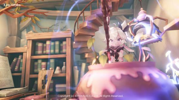Screenshot from WitchSpring R showing a character with white hair near a glowing cauldron in a cozy, book-filled room.