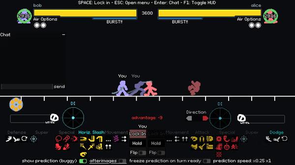 Screenshot from 'Your Only Move Is HUSTLE': Two characters face off, surrounded by game stats and controls on a dark background.