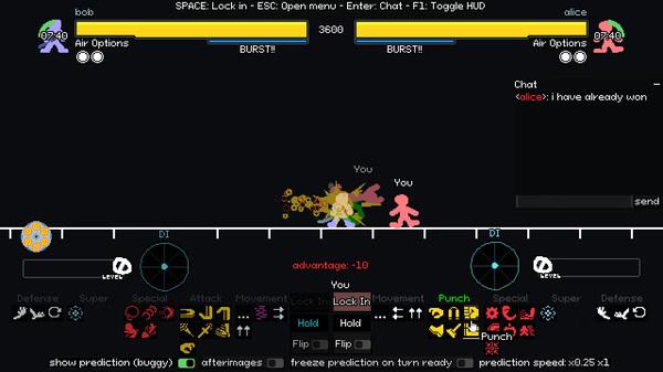 Screenshot of "Your Only Move Is HUSTLE" showing two characters, bob and alice, in combat with health bars and chat visible.
