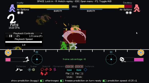 Screenshot of "Your Only Move Is HUSTLE" showing characters Cowboy and jyvsly in combat with health bars and gameplay stats.