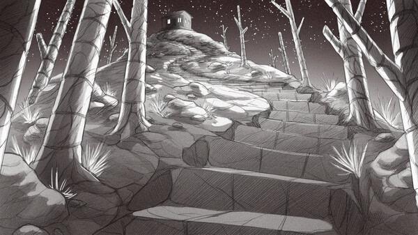 Screenshot from Slay the Princess: A winding stone path leads up a hill to a small cabin under a starry night sky.