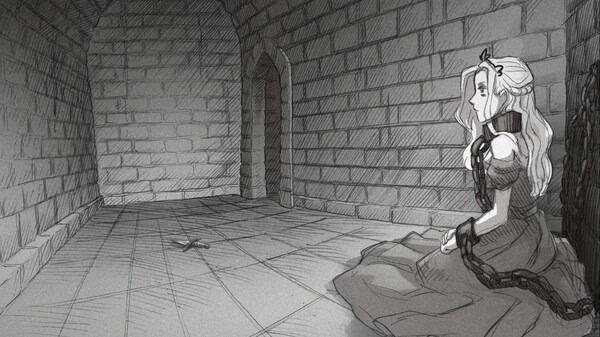 A screenshot from Slay the Princess showing the Princess in chains, seated on the floor of a stone dungeon with a knife nearby.