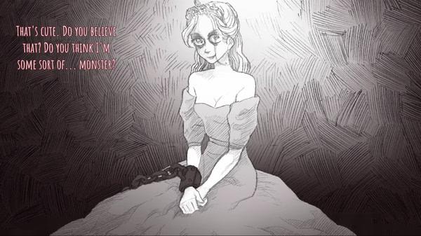 Screenshot from 'Slay the Princess' shows a chained princess in a dimly lit room, with text asking if she's considered a monster.