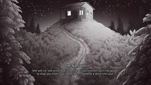 Screenshot from 'Slay the Princess': A cabin sits atop a hill under a starry sky, accompanied by ominous text from the narrator.