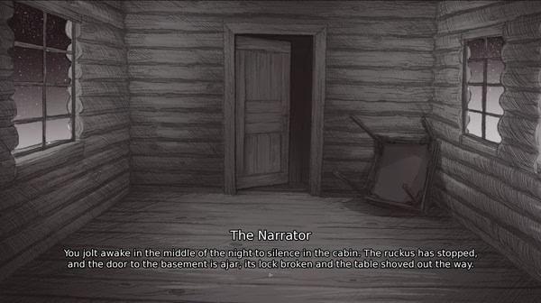 Screenshot from 'Slay the Princess': A dimly lit cabin with a broken door, an overturned table, and the narrator's text on screen.