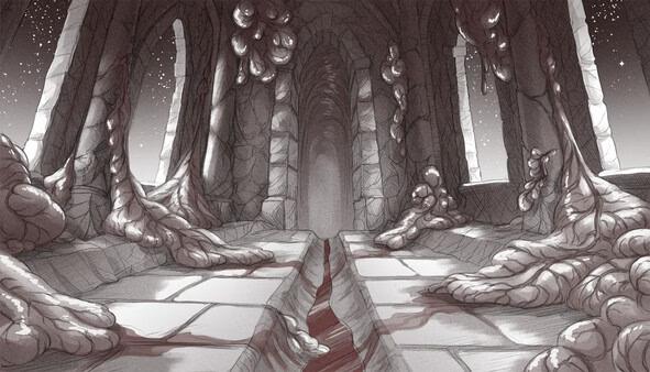 Screenshot from 'Slay the Princess': A dim, eerie hallway with twisted roots and a blood-red crack running along the stone floor.