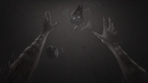 Screenshot from Slay the Princess: Two hands reaching towards a mysterious shadowy figure in a dark, ominous environment.